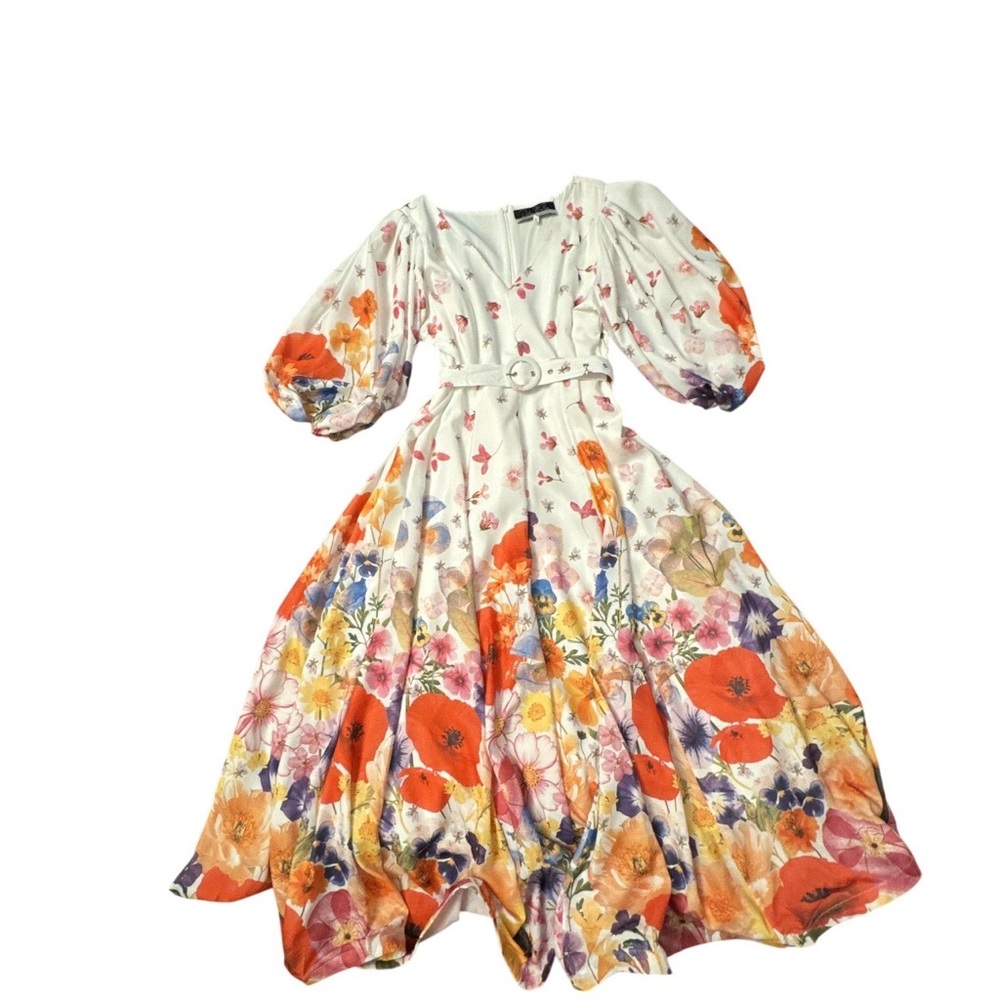 Dalia MacPhre White Floral Maxi Dress with Belted Waist and Puff Sleeves